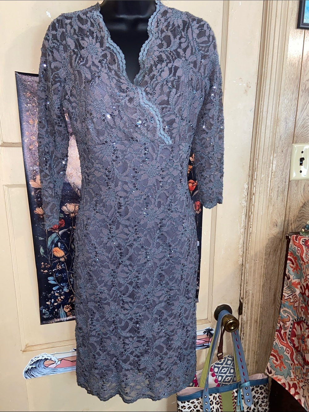 GRAY LACE SEQUINED DRESS Fitted Knee Length Deep V Neck MARINA